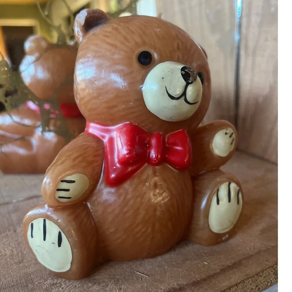 Vintage Teddy Bear Decorative Candle Red Bow Tie Nostalgic Kitsch‎ Decor